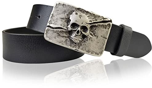 FRONHOFER Gürtel 4 cm Totenkopf Gürtelschnalle mattsilber Skull Koppelschnalle Totenkopf Gürtel 17614, Größe:Körperumfang 100 cm/Gesamtlänge 115 cm, Farbe:Schwarz