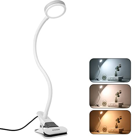 EYOCEAN Leselampe, LED Klemmleuchte, Schwanenhals Lampe, Kinder Nachttischlampe, 3 Farbmodi & 9 Helligkeitsstufen, Augenpflege Schreibtischlampe für Büro Heimgebrauch, Adapter Enthalten, 6W, Mattweiß