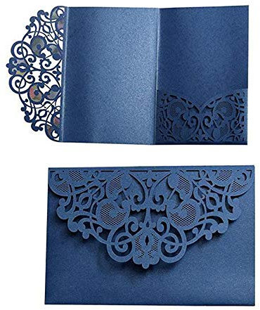 Hochzeitseinladungen, lasergeschnittenes Blumen-Design, Einladungskarten mit Fach, für Brautpartys, Verlobungsfeiern, inklusive Hüllen und Blanko-Einsätze, 10 Stück dunkelblau