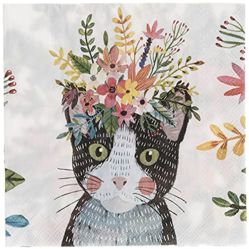 Boston International IHR 3-Ply Paper Cocktail Napkins, 10 x 10-Inches, Mia Charro Floral Cat (Pack of 1)