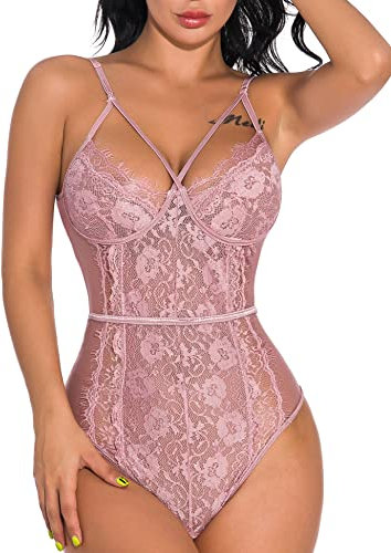 EVELIFE Body Donna Sexy Pizzo Lingerie Trasparente Body Senza Ferretto Un Pezzo Lingerie Teddy（Rosa Medium