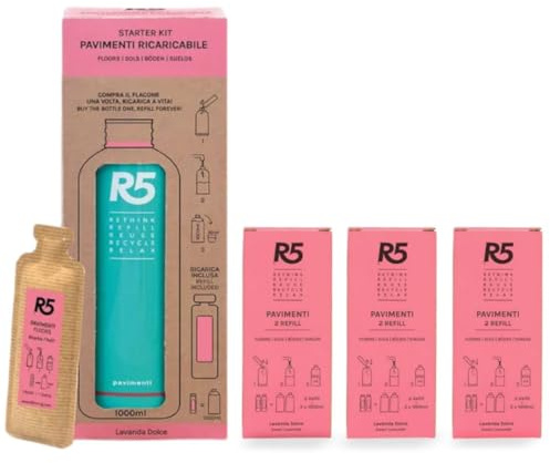 R5, Kit Pavimenti, 1 Flacone Ricaricabile 7 Refill, Detersivo Pavimenti Ideale per Legno e Parquet, Fragranza Vaniglia e Muschio Bianco, Soluzione Eco-Formato, Vegan, Cruelty Free, Made in Italy