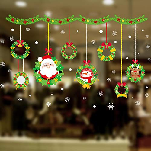 YULOONG Weihnachtsfenster Statische Aufkleber Bunte Anhaftungen Abnehmbare Vinyl Weihnachtsmann Weihnachtsbaum Schneemann Schneeflocke Hirsch DIY Wand Fenster Tür Wandbild Showcase Aufkleber Aufkleber