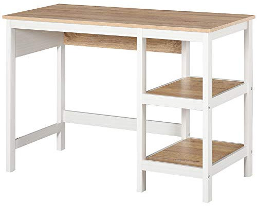 HOMCOM Schreibtisch mit 2 Ebenen Regal, Computertisch, Bürotisch, MDF, Natur+Weiß, 110 x 48 x 76,2 cm