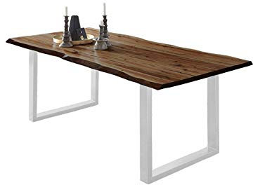 SAM Esszimmertisch 240x100 cm ULM, Baumkantentisch nussbaumfarben, Akazienholz massiv, U-Gestell aus Metall weiß