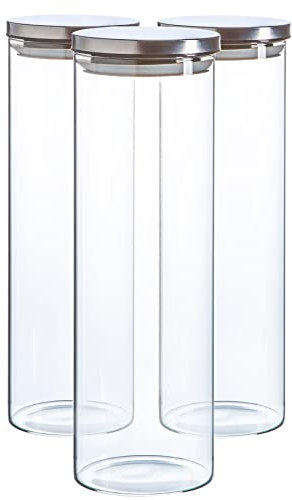 Argon Tableware Scandi Storage Jars with Metallic Silver Lids - 2000ml - 3 Pack - Modern Round Organisation Container Glass Jar for Kitchens, Pantry, Bathrooms, Utility Rooms