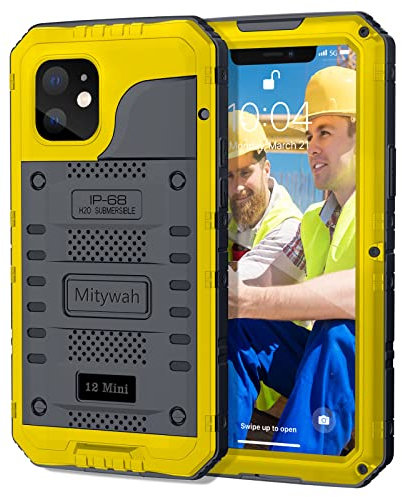 Mitywah Waterproof Case for iPhone 12 Mini, Heavy Duty Military Grade Case with Built in Screen Protector, Dust Proof Shockproof Metal Case 5.4 inch, Yellow