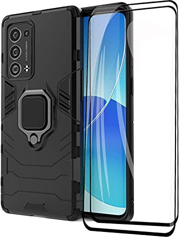 GOKEN Coque pour Oppo Reno 6 Pro 5G (Oppo Reno6 Pro 5G) + 2 Verre Trempé, Antichoc Housse Protection Etui ave Anneau Rotation de 360 ° Degres, PC/TPU Bumper Armor Protection Case Cover, Noir