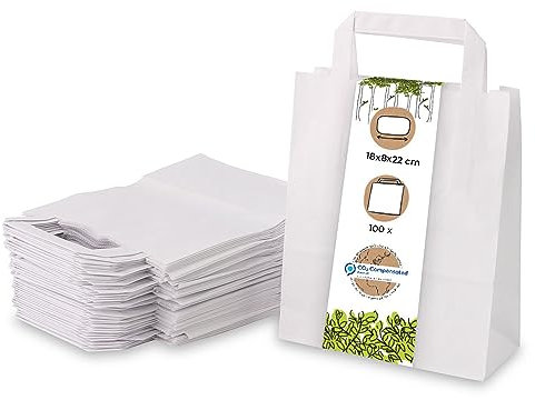 BIOZOYG 100x Papiertragetaschen 18 x 8 x 22 cm - weiße Papiertüten mit Henkel Einkaufstüten - Papiertaschen Geschenktüten Tragetaschen Kraftpapier