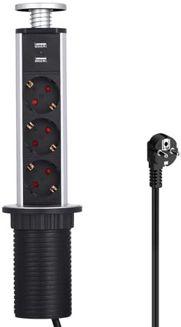 LEUTED 3 Fach Versenkbare Tischsteckdose Überspannung, 2 USB Tischsteckdosenleiste mit Kindersicherung und 1.8m Kabel, komplett in Tischplatte, Mehrfachsteckdose für Büro Küche Werkstatt Ø 60mm Silber