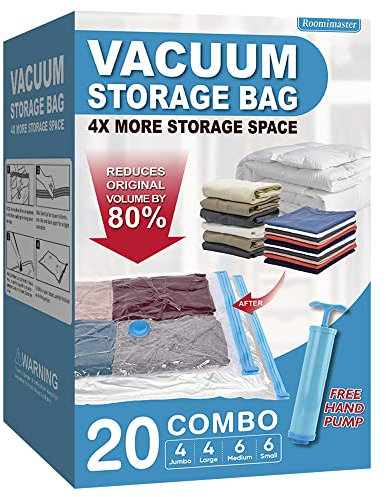 Lot de 20 sacs de rangement sous vide (4 jumbo/4 grand/6 moyens/6 petits), sacs sous vide avec pompe, sacs d'espace, sacs d'emballage sous vide pour vêtements, couettes, couvertures, literie