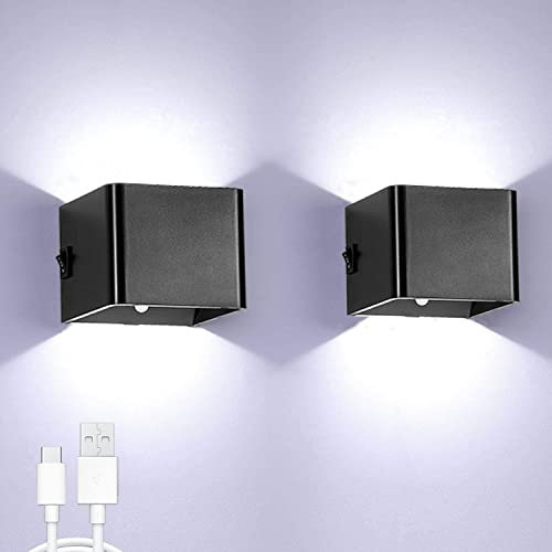 5W LED Innen Wandlampe mit Bewegungsmelder Akku Aufladbar Wandleuchte mit Schalter Treppenlicht USB Wiederaufladbar kabellos Schlafzimmer Magnetisch up und down light Flurlampe (black 2pcs Kaltweiß)