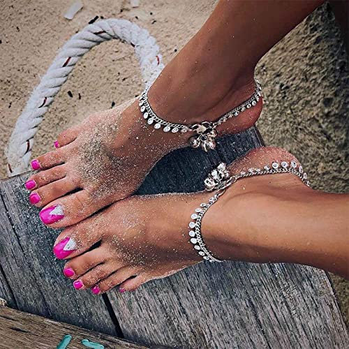 Inateannal Silbernes Knöchelarmband für Frauen Gypsy Münze Glocke Fußkettchen Retro Sommer Strand Barfuß Sandalen Fußschmuck für Teenager Mädchen