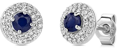 Orovi Ohrschmuck für Damen 0.23 Ct Diamant Ohrstecker Weißgold mit Edelstein/Geburtsstein natürlicher runder blauer Saphir umgeben von 78 Pavé Diamanten Brillanten Ohrringe aus 9 Karat (375) Gold