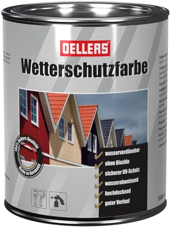 OELLERS Wetterschutzfarbe wasserbasierter Holzlack, 1L, RAL 7047 Telegrau, farbige Holzbeschichtung, 3in1 Grundierung + Deckanstrich + UV-Schutz für Innen und Außen, auch für Metall geeignet