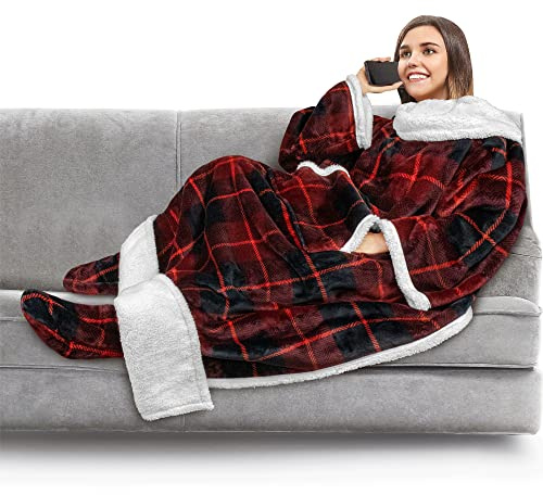 PAVILIA Fleecedecke mit Ärmeln, Fußtaschen für Damen, Herren, Erwachsene, Plüschdecke, Überwurf, warme Decke, gemütliches Geschenk