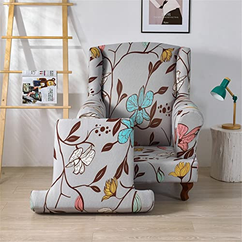 Highdi Ohrensessel Überzug 2-Teilig, Mode Sessel-Überwürfe Ohrensessel Schonbezüge Bezug Universal Sesselhusse Strandmon Tiger Stuhlbezug mit Armlehne Hohe Rückenlehne (mehrfarbige Blumen)