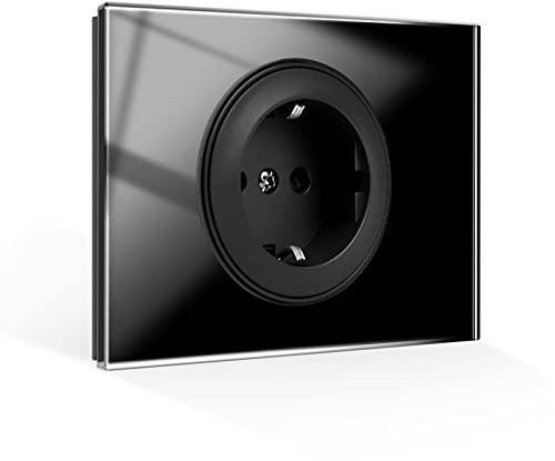CNBINGO Enchufe Schuko de cristal sencillo – Diseño de protección de contacto de pared con marco de cristal – Enchufe empotrado en negro – con material de montaje – Diseño marco interior redondo