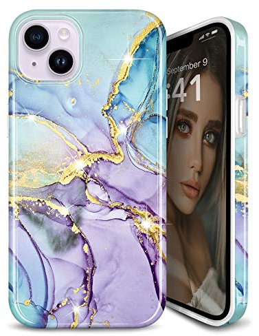 JIAXIUFEN Designed for iPhone 14 Case Gold Sparkle Glitter Marble Slim Shockproof Protective TPU Soft Rubber Silicone Cover Phone Case 6.1 inch Purple Blue