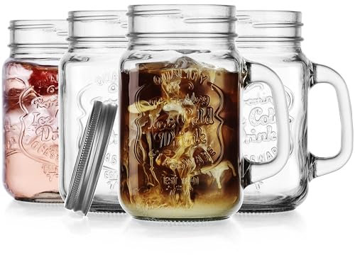 Glaver's Mason Drinking Jars – Set of 4, 16 Oz Clear Glass Jar with Handle and Lid. – Ice-Cold Drink Glassware Logo – Glass Mugs Ideal for Cold Beverages, Juice, Smoothie, Cocktails.
