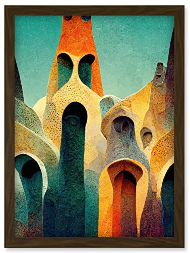 Doppelganger33 LTD Colourful Modern Painting Gaudi Style Architecture Sagrada Familia Artwork Framed Wall Art Print A4