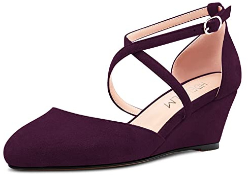 HDEUOLM Donna Medio Zeppa Tacco Chiusa Rotonda Punta Sandali Cinturino alla Caviglia Cinturino Incrociato Fibbia Pumps da Matrimonio Ufficio 5 CM Heels Scarpe Viola Scamosciato A 43 EU