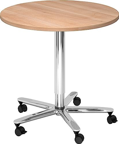 bümö Säulenhubtisch höhenverstellbar, Stehtisch Büro, Bistrotisch rund 80 x 80 cm - Besprechungstisch Nussbaum, Stehtisch Holz-Platte, Säule aus Metall verchromt, Säulentisch, Hochtisch
