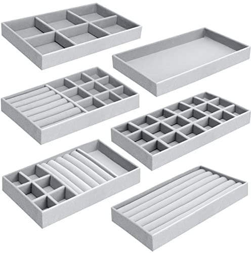 6 Organizzatore Grigio Vassoio Porta Gioielli, Organizer Velluto, Espositore Anelli da Cassetto per Orecchini Collane Bracciali(21*12.5 *2.5 CM)