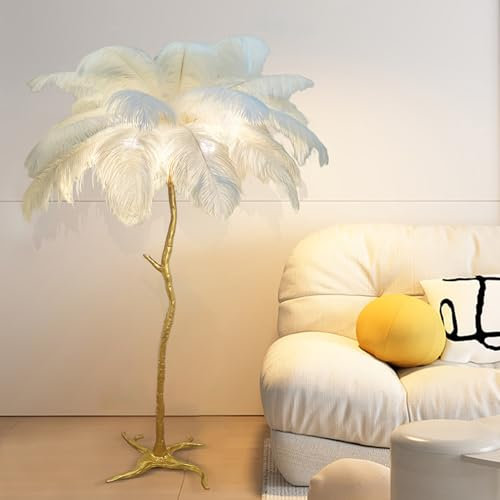 YQGOO Feder Stehlampe Moderne Luxus-Wohnzimmer Federlampe Stehlampe mit echten Straußenfedern,67 Stehlampe Gold Federn aus Nordischem Harz, 3 Farben dimmbar Feder Lampe für Schlafzimmer Ecke(White)