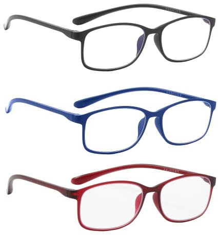 PROFLEX BluOptix (3er-Pack) mit Blaulichtfilter leicht, flexibel, kratzfest, unisex (Damen + Herren), Computerbildschirm-Technologie Lesebrille (schwarz, blau & rot +1.5)