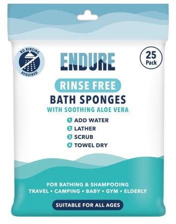 Endure Rinse Free Bath Shower Sponge - Body Wash Wipes for Bathing - Perfect for Camping, Festivals, Gym and Travel - Dry Sponge Wipes with Gentle Cleansing Soap. Just add Water (25 Per Pack).