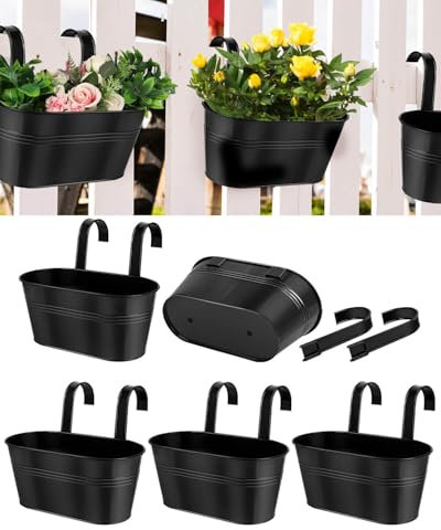 Metal Hanging Flower Pots for Railing Fence - 5 PCS Black Large Hanging Planter for Balconyl Metal Iron Buckets with Removable Hooks & Drainage Holes Outdoor Garden Home Decor (11 Inch)