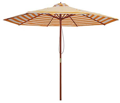 TEmkin Patio Umbrellas Gestreifter Strandschirm 2,7 m, runder Garten-Sonnenschirm für den Außenbereich mit 8 Rippen und Holzstangen, für Terrasse/Pool/Veranda, Gelb und Weiß