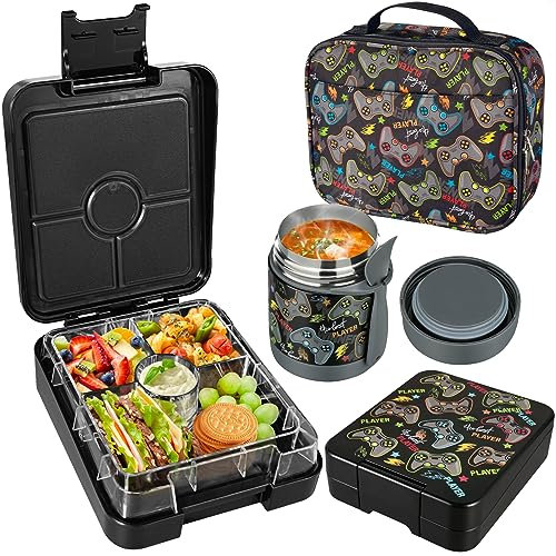 Pawtong Bento-Lunchbox-Set mit 283.5 g Suppen-Thermo, auslaufsichere Lunchbehälter mit 4 Fächern, Kinder Hot Thermo Food Jar/Isolation Lunch-Tasche, Lebensmittelbehälter für Schule (Black-Games)