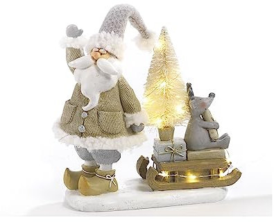 PABEN Weihnachtsdekoration Weihnachtsmann mit Schlitten und Rentier, 24 cm, aus Kunstharz mit Lichtern