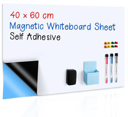 Magnetisches Whiteboard Folie 40x60 cm, Selbstklebendes Whiteboard Wand Aufkleben, Trocken Abwischbare White Board Sticker für Zuhause Schule Büro Mit Stiften, Radiergummi, Stifteablage und Magneten