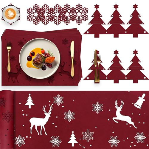 Kazaigou 19 Stück Tischset Weihnachten Tischläufer Filz Weihnachten Bestecktasche, Tischsets Weihnachten Platzsets Weihnachten, Tischsets Filz Tischuntersetzer Tischläufer Tischsets für Weihnachten