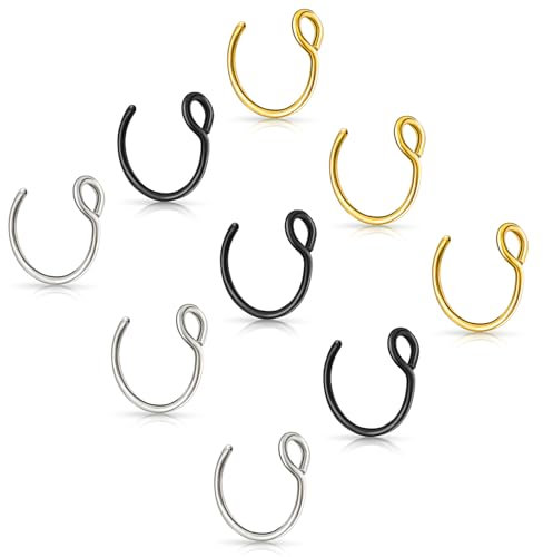 Lusofie 9 Stück Fake Nose Ring Gefälschter Nasenring Fakes Lippenring Fake Nasenpiercing Ring Edelstahl Fake Septum Aufsteckbarer Nasolabialring für Damen Herren Mädchen