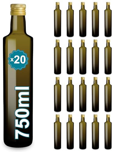 Espirito Rebelde 20 Bouteilles en Verre Foncé de 750ml avec Bouchon a Vis Doré | Protection UV | Idéal pour Huile d'Olive, Vinaigre | Huilier