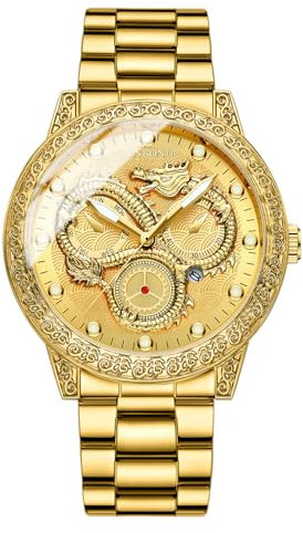 JewelryWe Uhren Herren Edelstahl Drache: Datum Kalender 30m wasserdichte Analog Quarz Armbanduhr Männer Gold Edelstahl Armband Uhr mit geprägten golden Drachen Zifferblatt und Leuchtzeiger