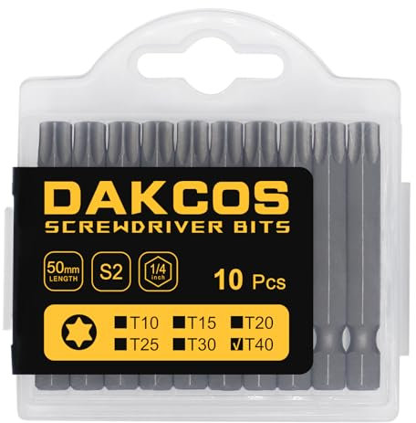DAKCOS T40 Torx-Schlagschrauber-Bit-Set, 10 Stück, 6,35 mm Schraubendreher-Bits, Premium-S2-Legierungsstahl, 50 mm lang