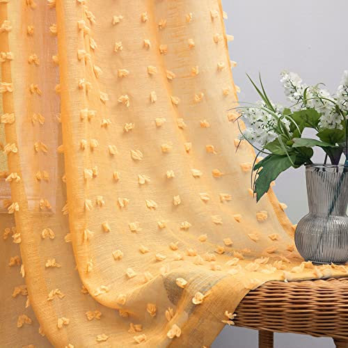 Strukturierte Vorhänge, Boho-Stil, mit rückseitigen Stangenschlaufen, Pompons, getuftet, goldfarben, halbdurchsichtig, für Wohnzimmer, Schlafzimmer, Esszimmer, 2 Paneele, 229 cm lang