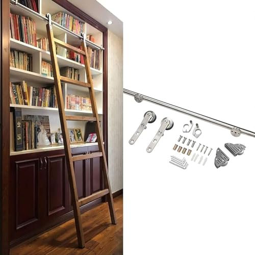 Schiebeleiter-Tür-Hardware-Kit – Bibliotheks-Rollleiter-Hardware-Zubehör, rollendes Bücherregal-Gleitschienen-Kit, Leiter-Rollen-Aufhängerschiene, mit Bodenrädern (ohne Leiter) (Gr