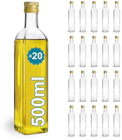 Espirito Rebelde 20 Bouteilles en Verre 500ml avec Bouchon a Vis Doré | Huile d'Olive, Vinaigre, Alcool | Huilier en Verre, Récipient en Verre, Bouteille D'Huile