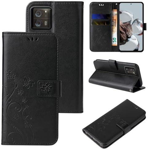 LBH Handy Hülle für Xiaomi 13T / 13T Pro Handytasche Schmetterling Blumen Flower Standfunktion Schutzhülle Magnet Rundum Schutz 360 Grad Flipcase Cover Schwarz