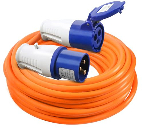 AOHEWEI Cavo di prolunga CEE da 20 M, Cavo di prolunga per collegamento elettrico per roulotte resistente, di alimentazione di rete arancione 16 A 240 V per camper Campeggio