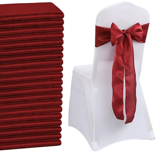 QeeFop 50 Stück Burgunderfarben Satin Schärpe Hochzeit Stuhl Bogen, Elastische Stuhlschärpen Stuhl Schärpen für Hochzeitsdekoration Geburtstag Bankett Party Stuhl Dekoration (Burgunderfarben)