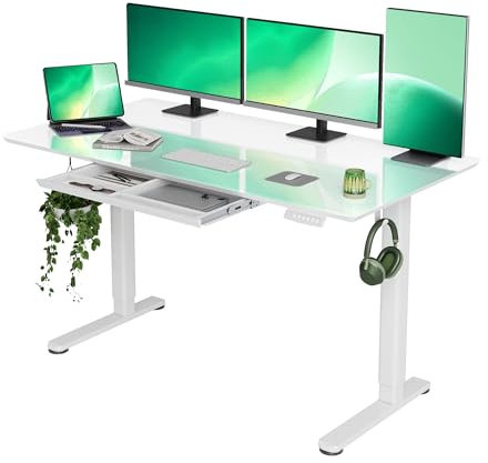 INNOVAR Glas Elektrischer Höhenverstellbarer Schreibtisch mit Schublade,140 x 70 cm Höhenverstellbarer Schreibtisch, Elektrischer Schreibtisch für Home Office,Standing Desk, Weiß