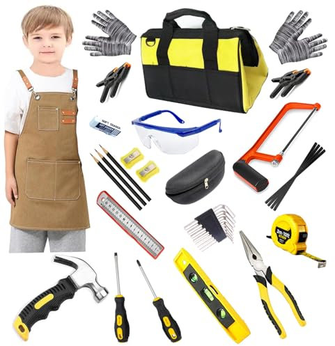 Juego de herramientas para niños, 38 piezas, con bolsa de herramientas, delantal, sierra, regalo educativo