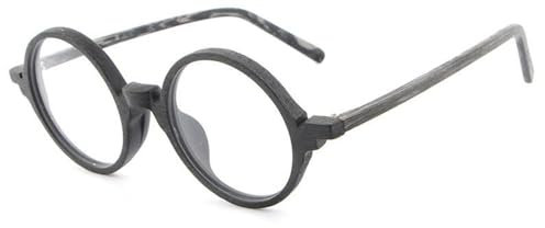 HTXONB Assiette ronde faite à la main en grain de bois, monture rétro pour hommes et femmes, verres à miroir plat, noir gris, 122 * 138 * 44mm